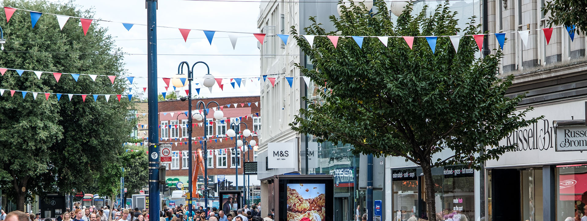 high street with bunting