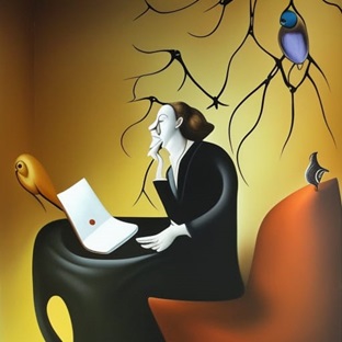 Amalie from Bird&Bird law firm writing an article as created by Nightcafe Surreal presetting