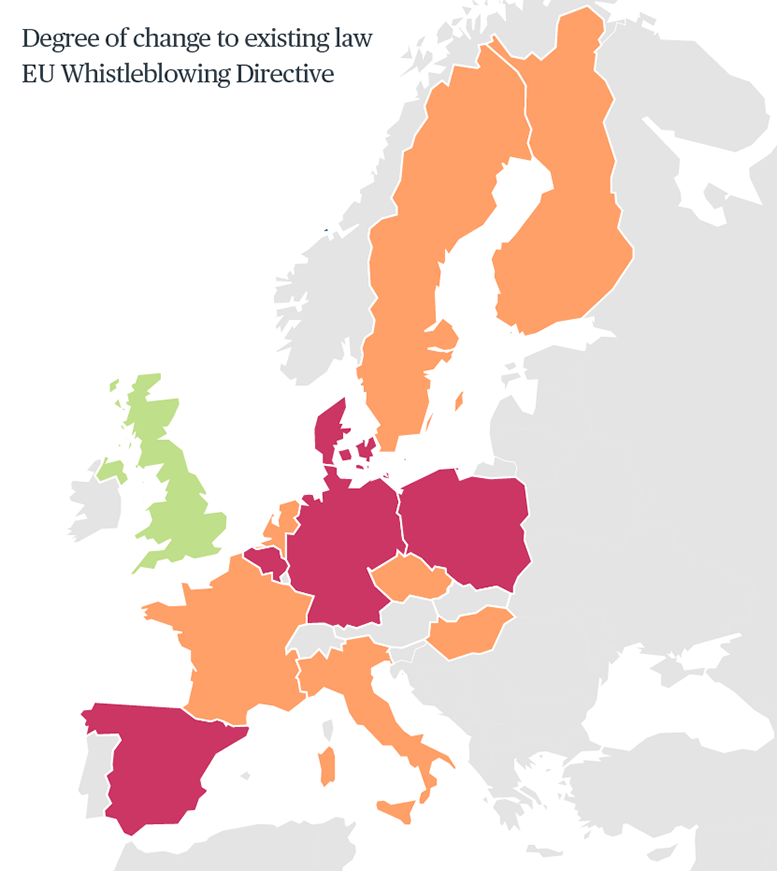 map of Europe displaying degree of change to existing law - EU Whistleblowing Directive